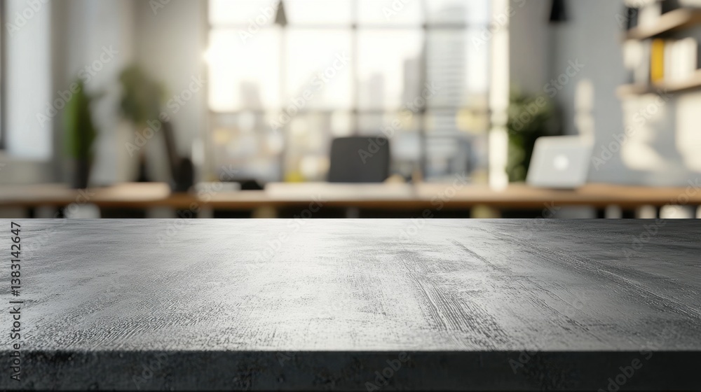 Poster elegant concrete countertop with blurred office background showcasing modern workspace and city view