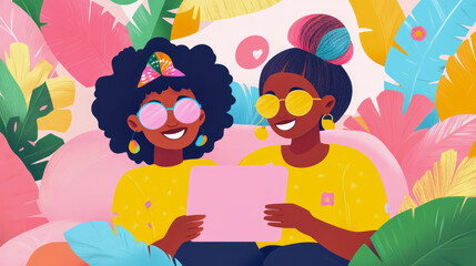 Friendship Day: Joyful celebration of two diverse women bonding with digital tablet surrounded by vibrant leaves