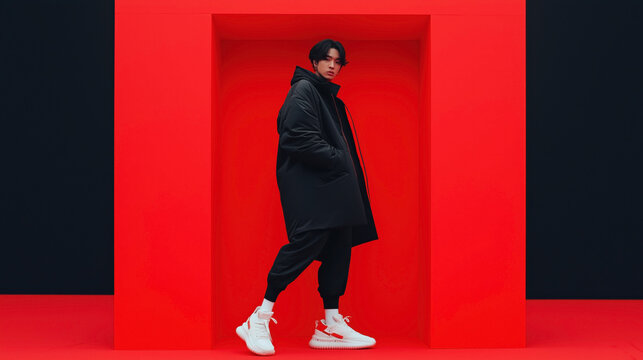Young Asian man in stylish black coat and sneakers poses against a vibrant red and black geometric background.