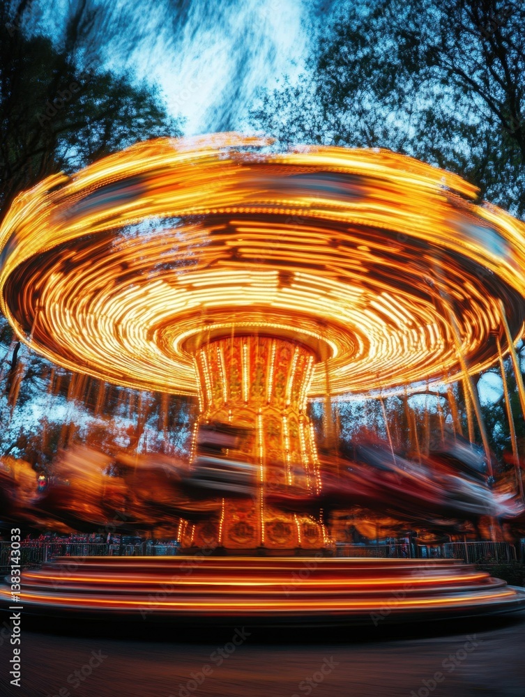 Poster captivating carousel in motion at twilight creating a mesmerizing display of blurred lights and vibr