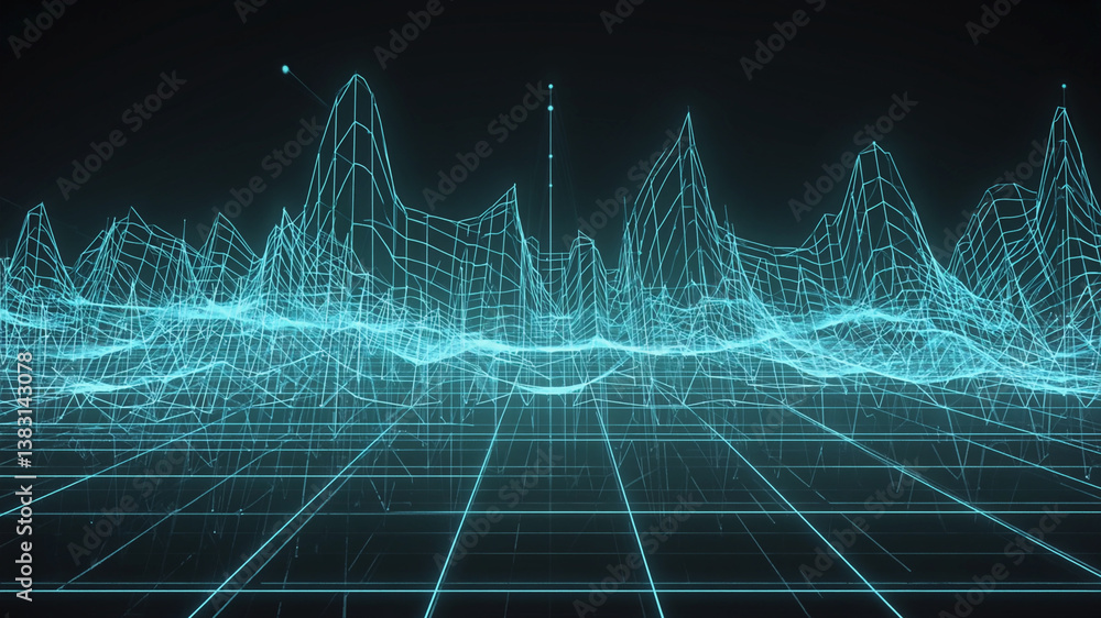 Poster abstract digital landscape, teal grid with undulating lines, data representation