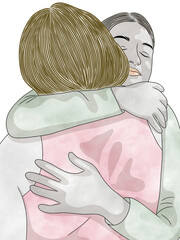 Woman hugging for encouragement.Hand drawn,Creative with illustration in flat design,watercolor.