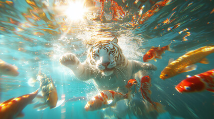 A Beautiful White Tiger Swimming Underwater with Colorful Koi Fish.