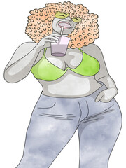 Portrait with Woman plus size wearing sport bra.Hand drawn.Creative with illustration in flat design,watercolor.