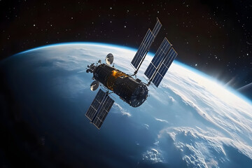 Space satellite with antenna and solar panels in space against the background of the earth.