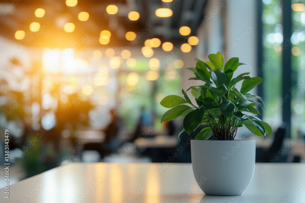 Poster serene indoor scene featuring a vibrant green plant in a white pot on a table with soft bokeh lights