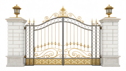 Luxury Wrought Iron Gate - Gold & Black Design - Isolated on White Background as Transparent. PNG. AI GENERATED