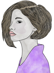 Portrait with young trendy woman.Hand drawn.Creative with illustration in flat design,watercolor.