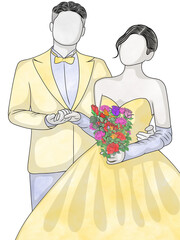 Hand drawn, bride and groom.Wedding Ceremony Marry,creative with illustration in flat design.Couple of love.