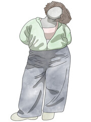 Portrait with Woman plus size.Hand drawn.Creative with illustration in flat design,watercolor.