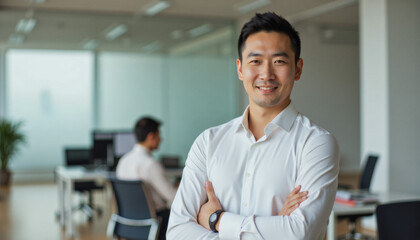 Modern portrait headshot of a friendly ceo executive business worker: A smiling Asian man with short dark hair confidently stands with his arms crossed in a bright, modern office setting.