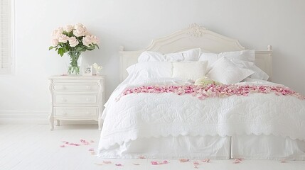 romantic bedroom with white walls, a pristine bed covered in rose petals, and a vase of fresh roses on the nightstand, evoking love and warmth. romantic bedroom, white walls, rose petals, vase, 