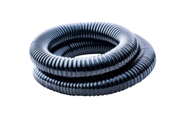 Flexible black tubing coils creating intriguing shapes on a clean backdrop