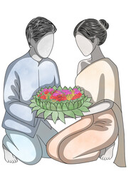 Thai person with Thai traditional costume Loy Krathong festival,Cute girl with Thai dress,creative with illustration in flat design.