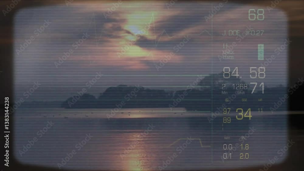 Aufkleber animation of sunset over water with digital data overlay and graphical elements