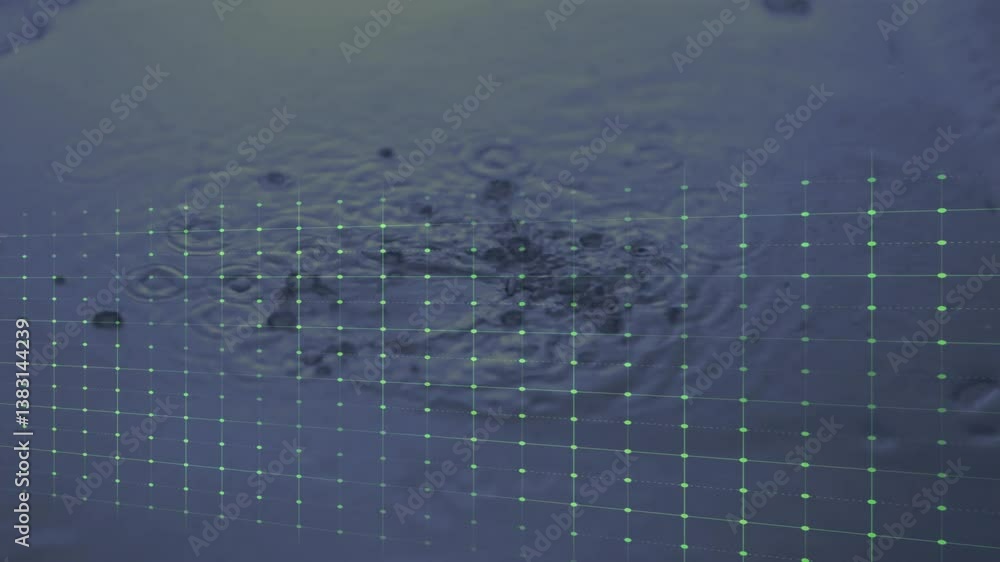 Poster green heartbeat line animation over water surface with ripples and grid pattern
