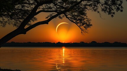 Partial Solar Eclipse Sunrise over Lake