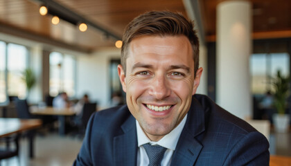 Fototapeta premium Modern portrait headshot of a friendly ceo executive business worker: A smiling businessman in a suit sits confidently in a modern, well-lit lobby, looking directly at the camera.