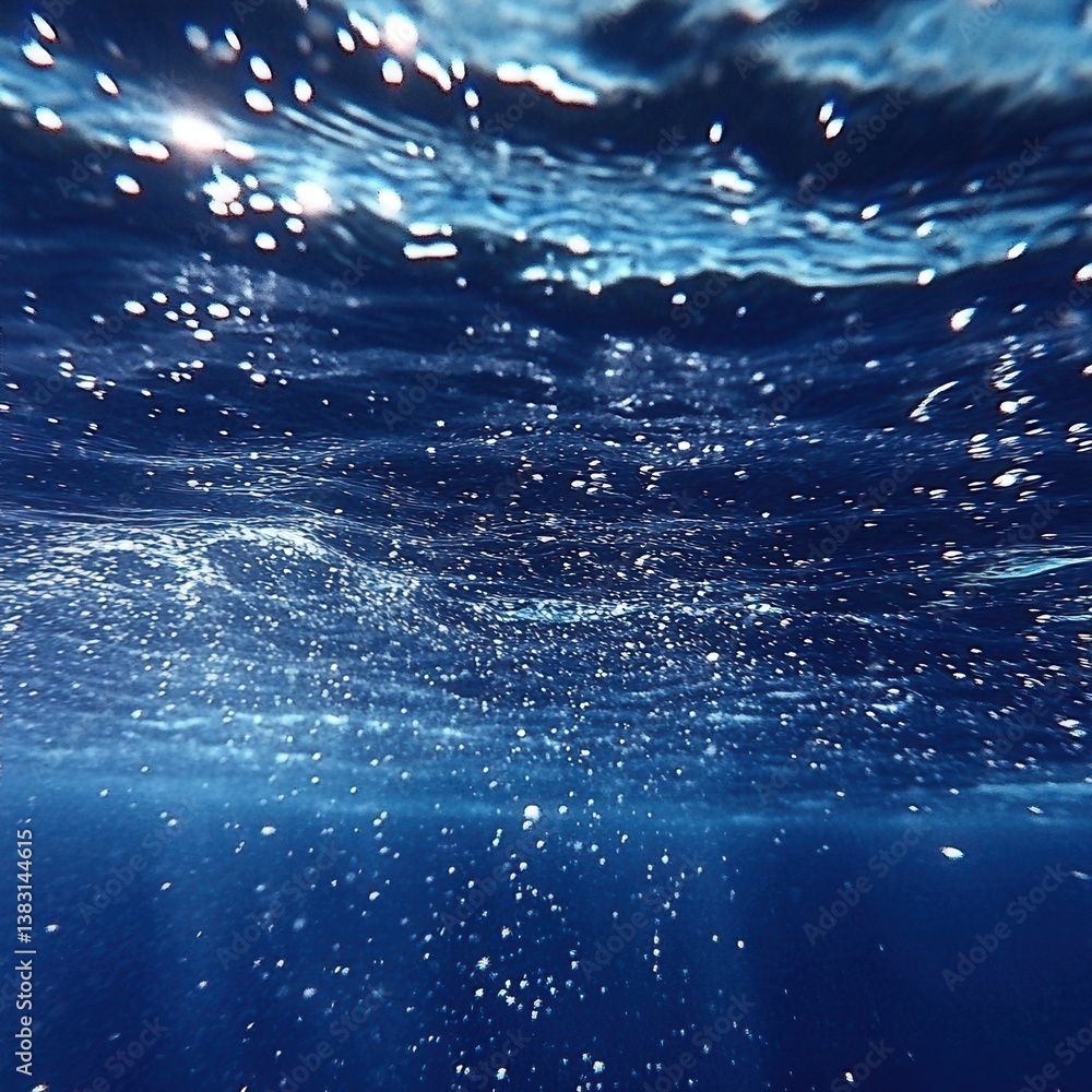 Poster serene underwater scene capturing sunlight filtering through ocean waves creating a tranquil aquatic