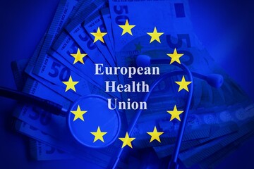 European banknotes with stethoscope and european flag as background. 