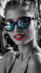 Naklejka premium Chic woman wearing bold red lipstick and reflective sunglasses in a high-contrast artistic photo