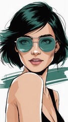 Naklejka premium Modern fashion portrait featuring green-tinted sunglasses and expressive brush strokes