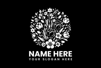 Detailed Floral Bouquet Silhouette. Classic Flower Motif Vector Logo