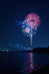 Dark blue night sky, vibrant blue fireworks bursting, ample copy space , copy space, stock photo
