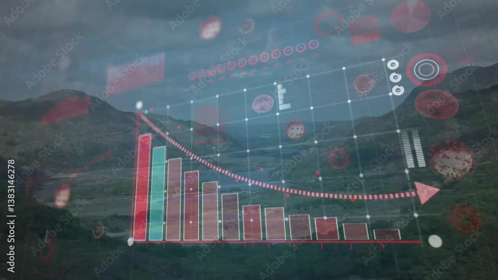 Poster animating bar graph and data visualization over mountainous landscape background