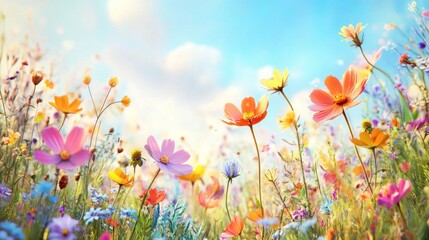 Fototapeta premium Vibrant Wildflower Meadow Under a Sunny Sky