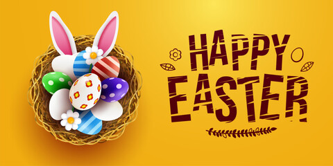 Bunny ears peek out of basket with Easter eggs. Happy Easter.