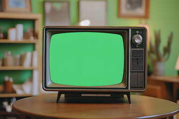 Old vintage tv with green screen standing on table in cozy living room