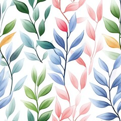 Fototapeta premium Pastel Watercolor Leaf Seamless Pattern Blue Pink Green Yellow Botanical Illustration