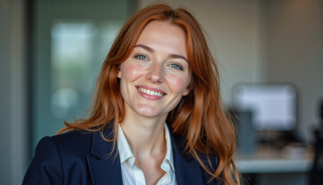 Modern portrait headshot of a friendly ceo executive business worker: A smiling young woman with red hair and blue eyes confidently looks at the camera while wearing a navy blue blazer and a white s