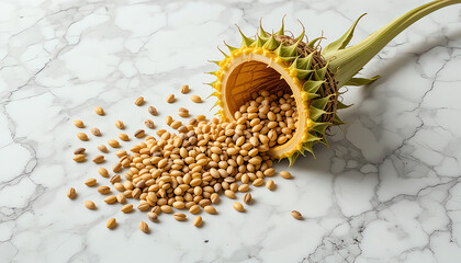 Sunflower seeds spilling from a cut stem onto white marble surface, high-contrast texture shot