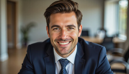Fototapeta premium Modern portrait headshot of a friendly ceo executive business worker: A smiling businessman with short brown hair and a light stubble confidently looks directly at the camera while wearing a navy su