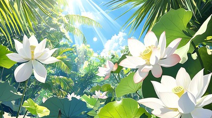 Tropical Lotus Garden Scene