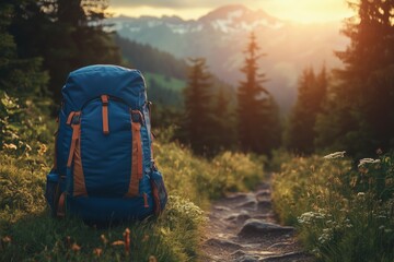 Stunning Mountain Trail at Sunset With Backpack Resting on a Rocky Path