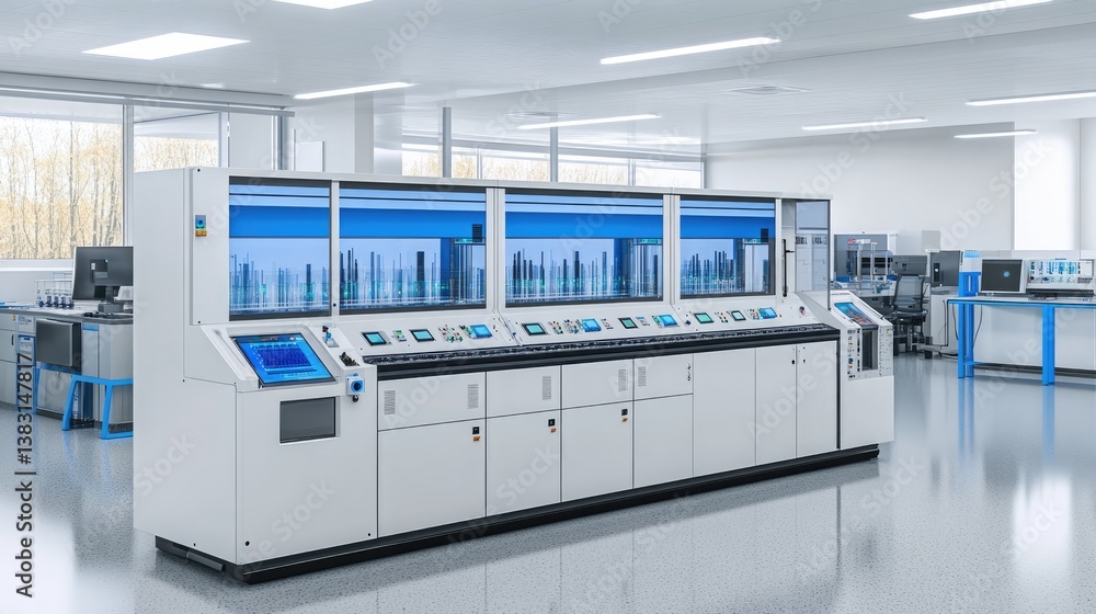 Poster advanced dna sequencing machine analyzing genetic data in a high-tech lab.