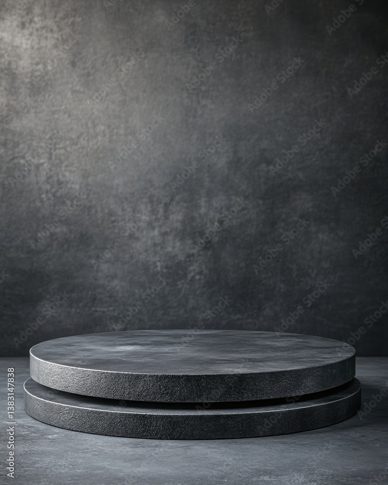 Poster elegant dark gray pedestal platform for product display with textured backdrop and studio lighting
