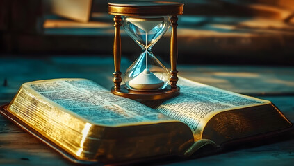Hourglass and open Bible representing the end times.