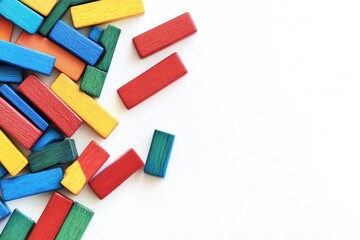 Colorful wooden blocks scattered on white background