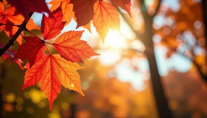 Fototapeta premium Golden and crimson leaves dance against a sunny autumn sky , yellow, november