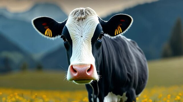 Majestic Cow Portrait: A close-up, front-facing shot captures the striking black and white markings of a cow, set against a backdrop of serene mountains.
