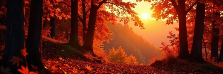 Golden hour illuminates crimson, russet autumn woods , fall, illustration, sun