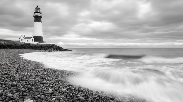 Dramatic monochrome seascape showcasing a majestic lighthouse on a rocky shore with dynamic wave motion and cloudy sky evoking coastal serenity - Powered by Adobe