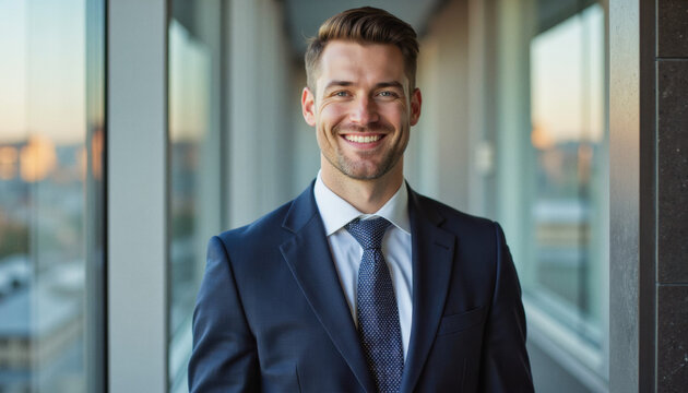 Modern portrait headshot of a friendly ceo executive business worker: A smiling businessman in a dark suit leans against a large window overlooking a cityscape, exuding confidence and professionalis