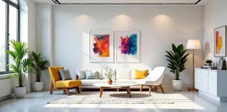 Stylish white facade of an office with comfortable seating and motivational artwork, armchairs, stylish