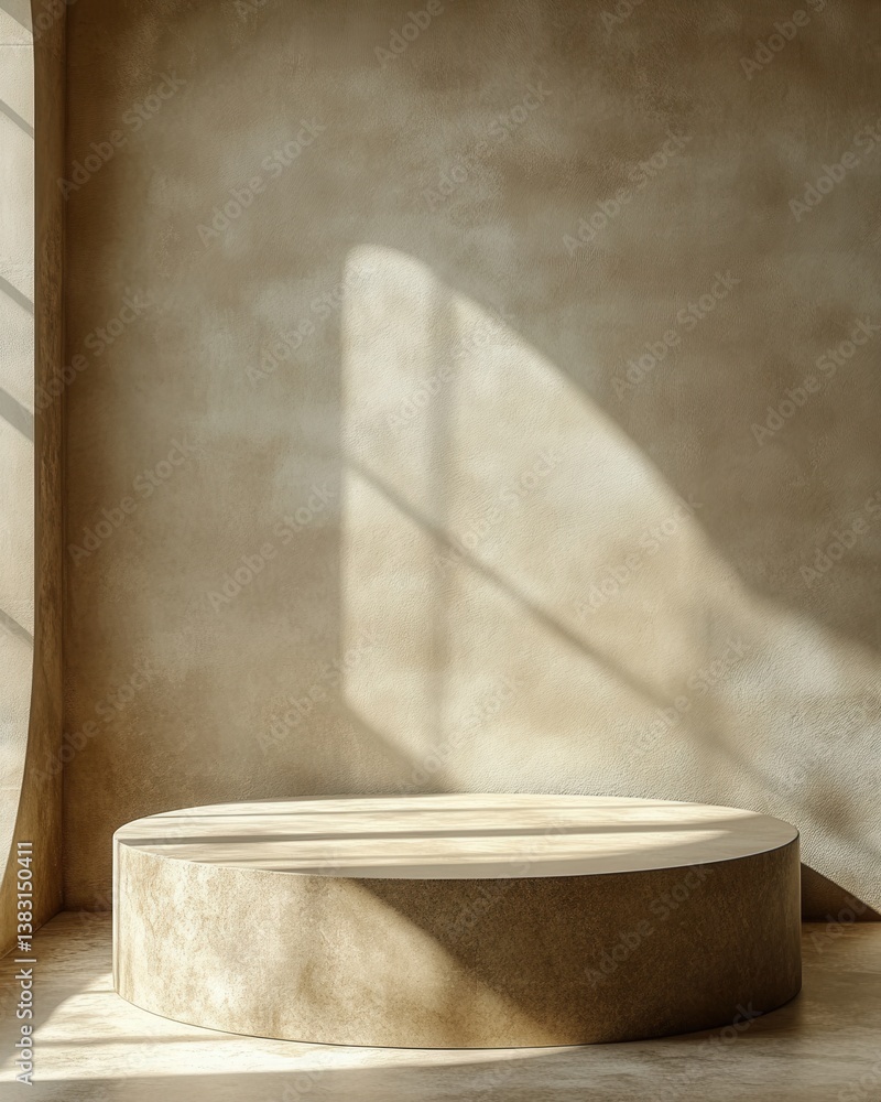 Poster minimalist studio setting with light and shadow on cylindrical podium for product display and presen