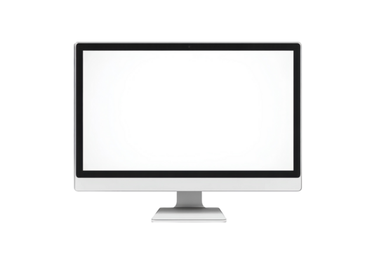 Modern blank computer screen displayed in a minimalist workspace during bright daylight hours